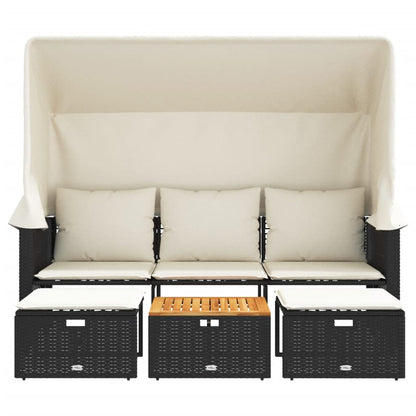 Divano Giardino 3 Posti Baldacchino e Sgabelli Nero Polyrattan