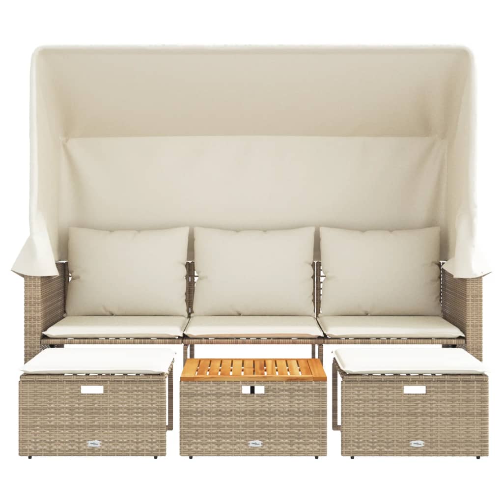 Divano Giardino 3 Posti Baldacchino e Sgabelli Beige Polyrattan