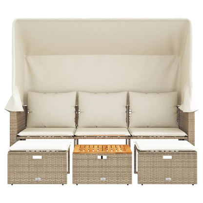 Divano Giardino 3 Posti Baldacchino e Sgabelli Beige Polyrattan