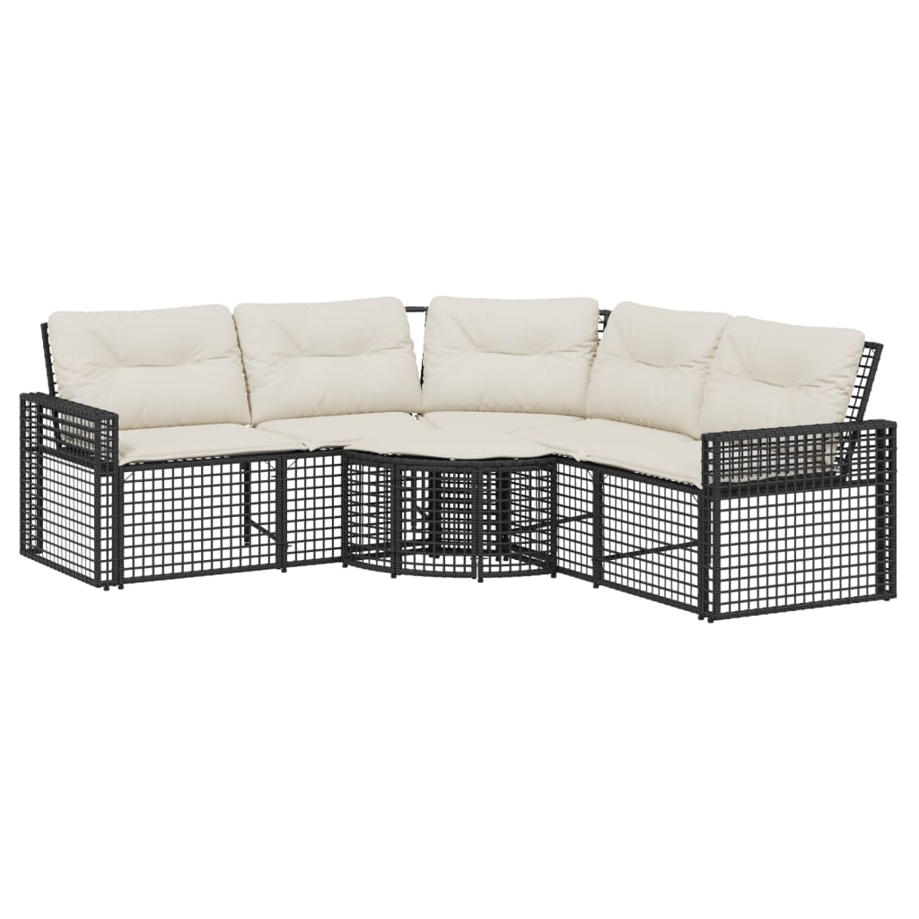 Divano da Giardino a L con Cuscini e Pouf Nero in Polyrattan