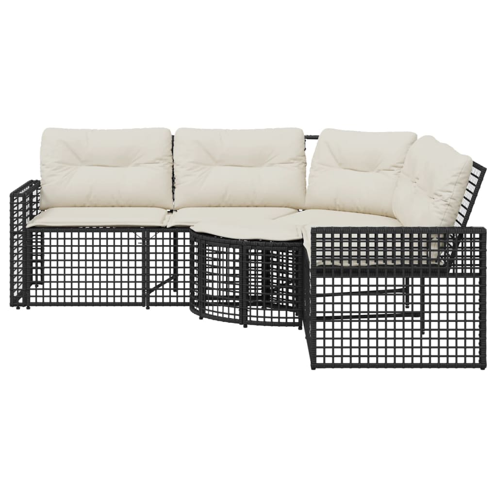 Divano da Giardino a L con Cuscini e Pouf Nero in Polyrattan