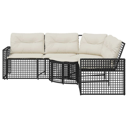 Divano da Giardino a L con Cuscini e Pouf Nero in Polyrattan