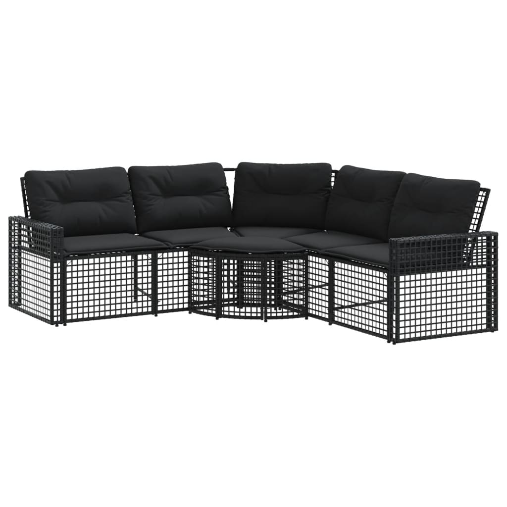 Divano da Giardino a L con Cuscini e Pouf Nero in Polyrattan