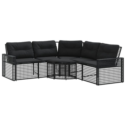 Divano da Giardino a L con Cuscini e Pouf Nero in Polyrattan