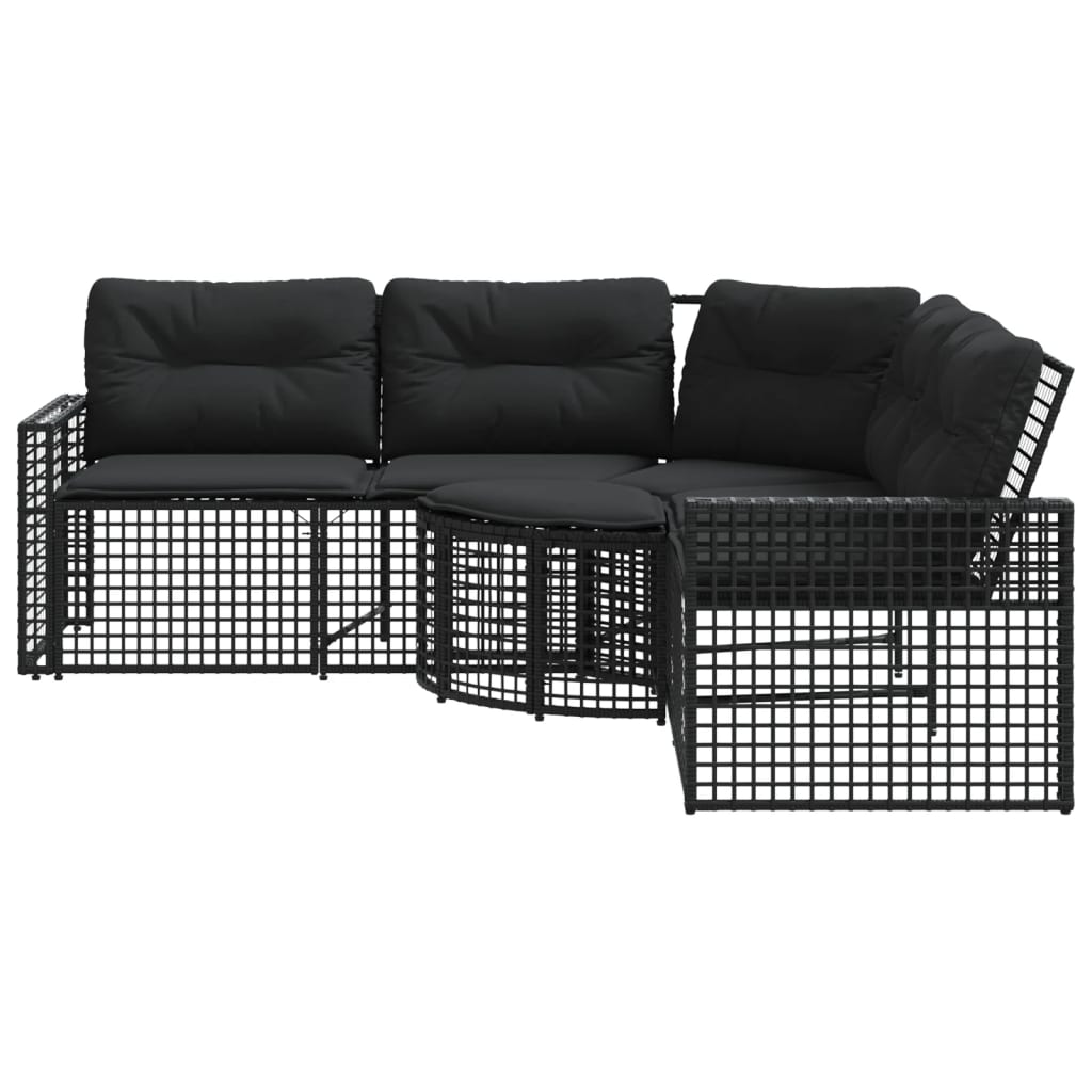 Divano da Giardino a L con Cuscini e Pouf Nero in Polyrattan