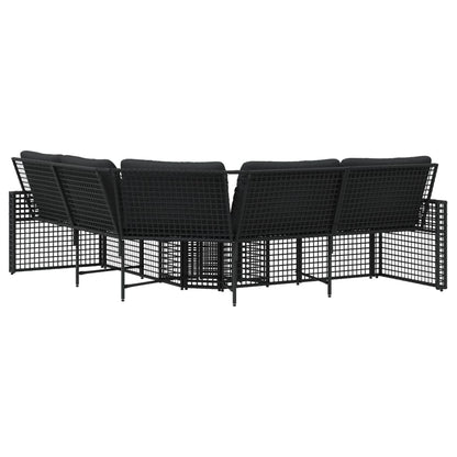 Divano da Giardino a L con Cuscini e Pouf Nero in Polyrattan