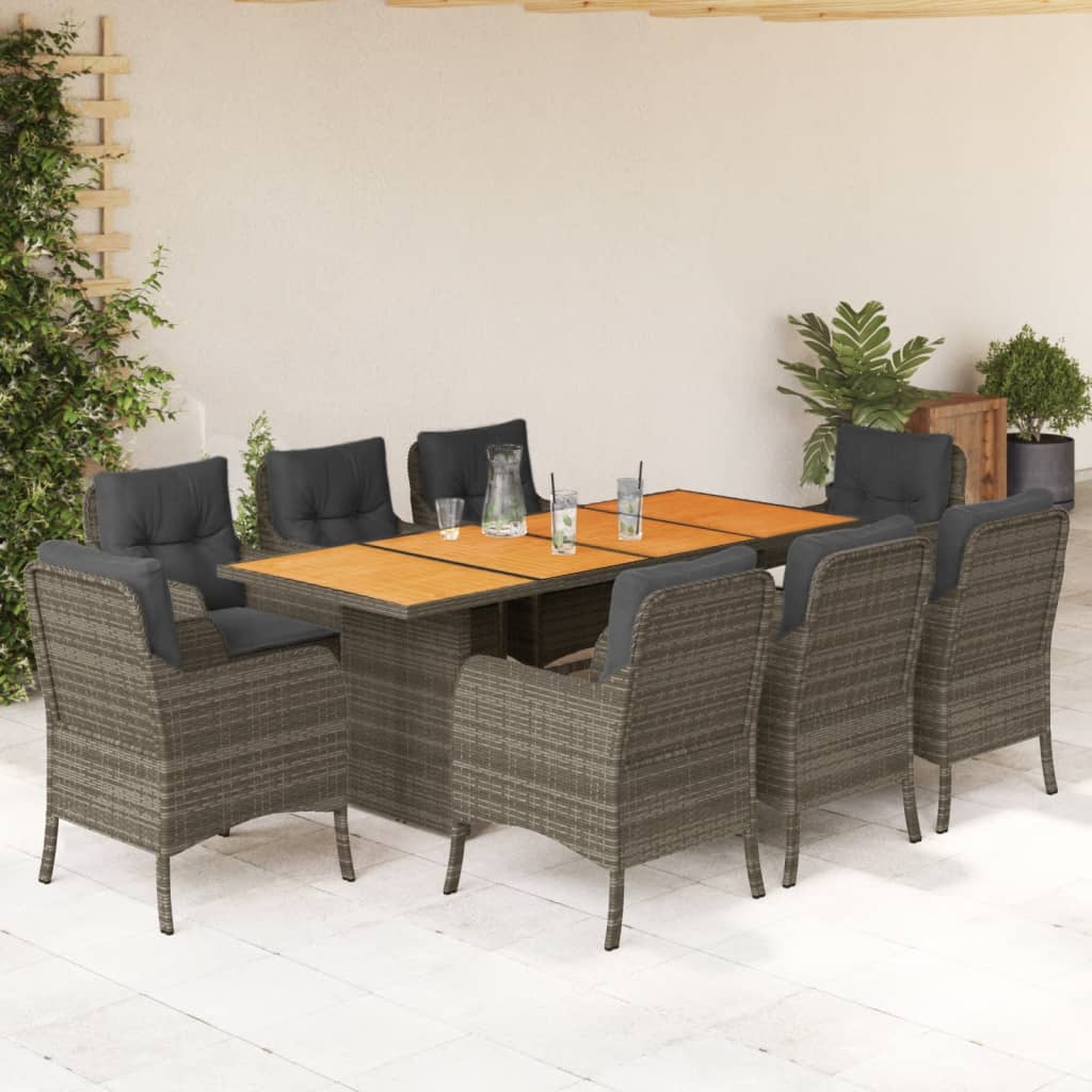 Set da Pranzo da Giardino 9 pz con Cuscini in Polyrattan Grigio