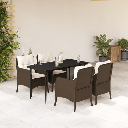 Set da Pranzo da Giardino 5pz con Cuscini in Polyrattan Marrone