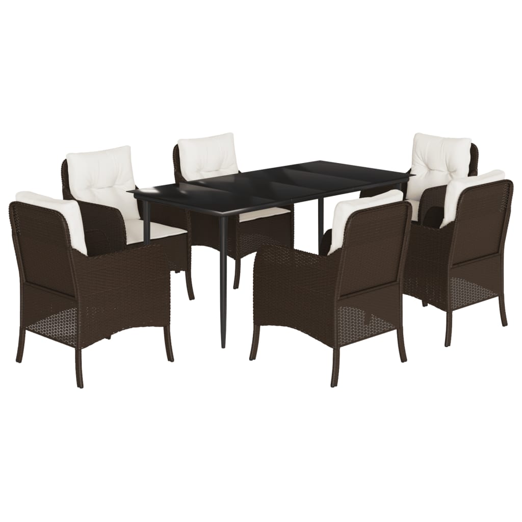 Set da Pranzo da Giardino 7pz con Cuscini in Polyrattan Marrone