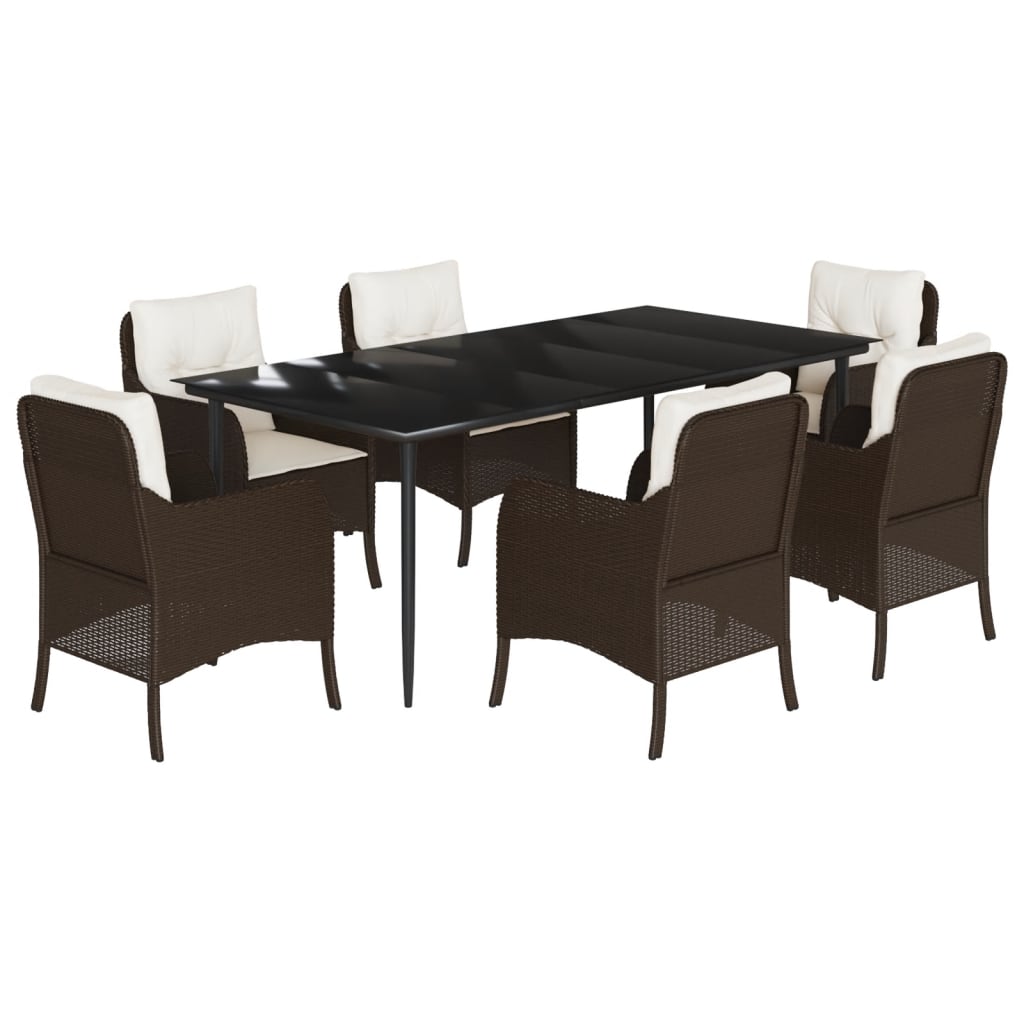 Set da Pranzo da Giardino 7pz con Cuscini in Polyrattan Marrone