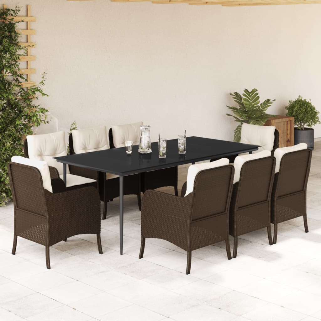 Set da Pranzo da Giardino 9pz con Cuscini Marrone in Polyrattan