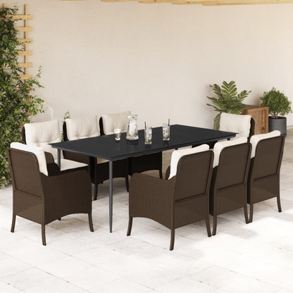 Set da Pranzo da Giardino 9pz con Cuscini Marrone in Polyrattan