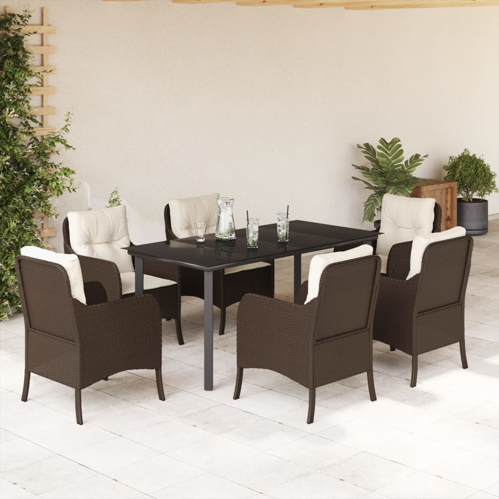 Set da Pranzo da Giardino 7pz con Cuscini in Polyrattan Marrone