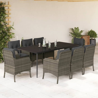 Set da Pranzo da Giardino 9 pz con Cuscini in Polyrattan Grigio