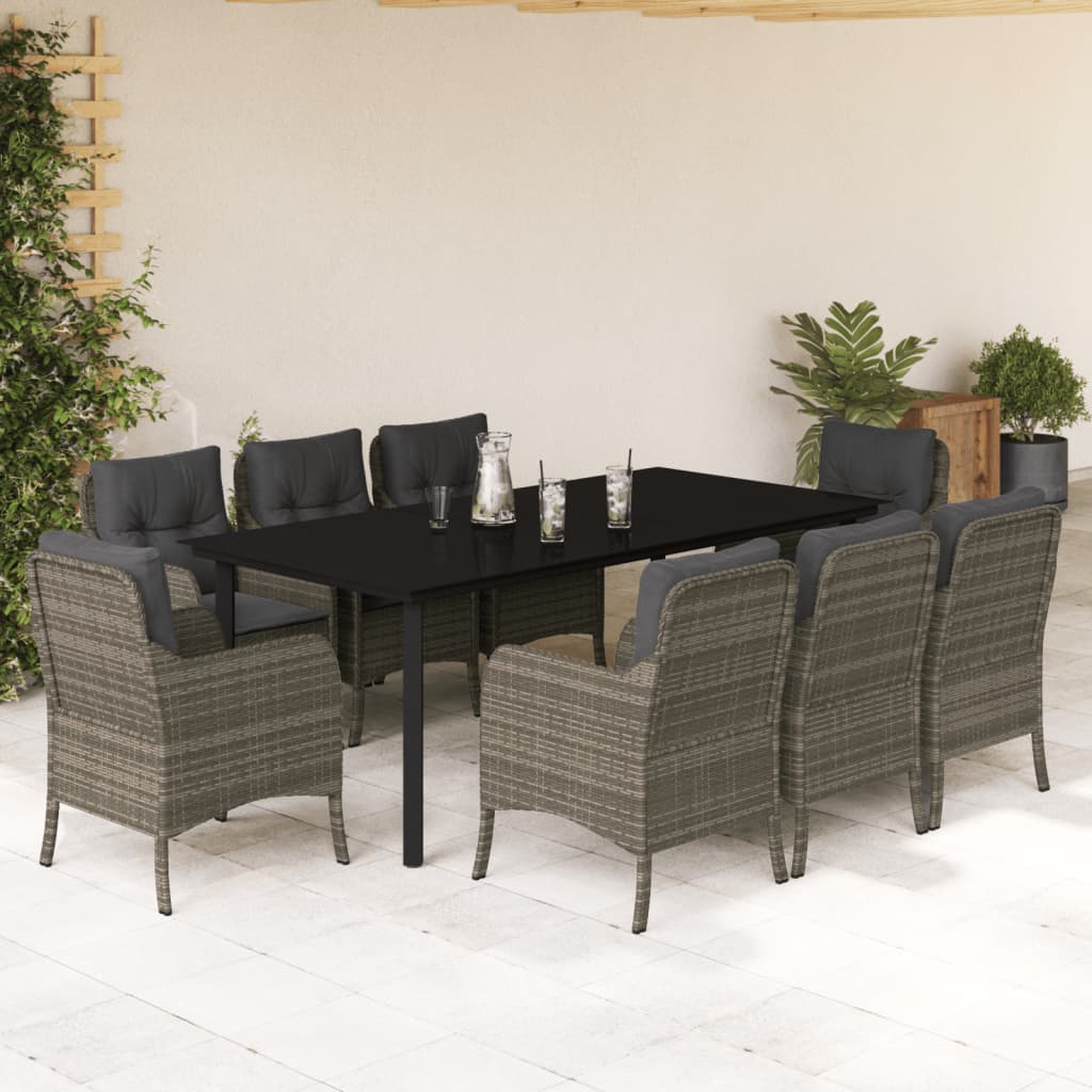 Set da Pranzo da Giardino 9 pz con Cuscini in Polyrattan Grigio