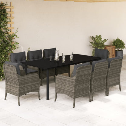 Set da Pranzo da Giardino 9 pz con Cuscini in Polyrattan Grigio