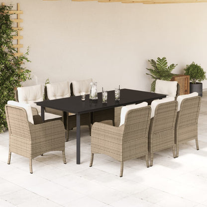 Set da Pranzo da Giardino 9 pz con Cuscini Beige in Polyrattan