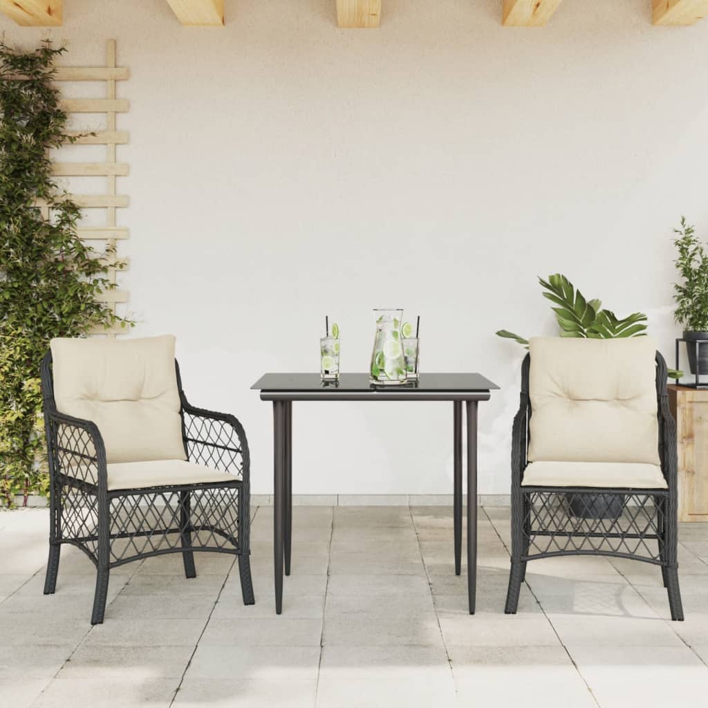 Set da BistrÃ² 3 pz con Cuscini Nero in Polyrattan