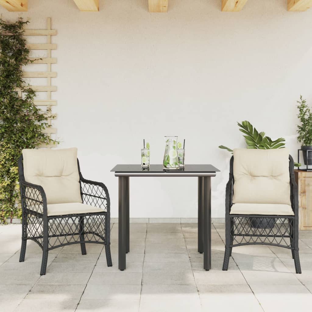 Set da BistrÃ² 3 pz con Cuscini Nero in Polyrattan