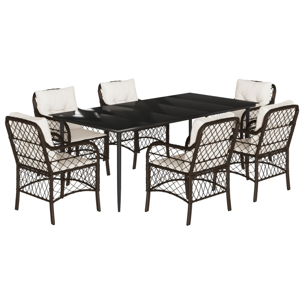 Set da Pranzo da Giardino 7pz con Cuscini in Polyrattan Marrone