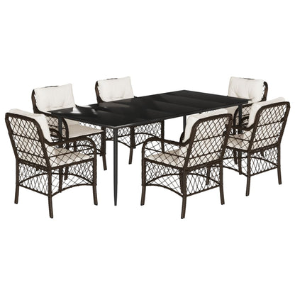 Set da Pranzo da Giardino 7pz con Cuscini in Polyrattan Marrone