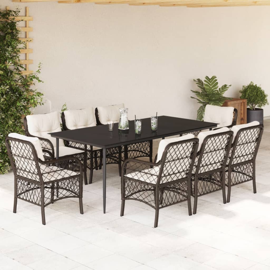 Set da Pranzo da Giardino 9pz con Cuscini Marrone in Polyrattan