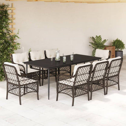 Set da Pranzo da Giardino 9pz con Cuscini Marrone in Polyrattan