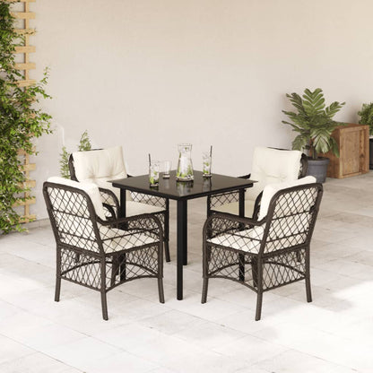 Set da Pranzo da Giardino 5pz con Cuscini in Polyrattan Marrone