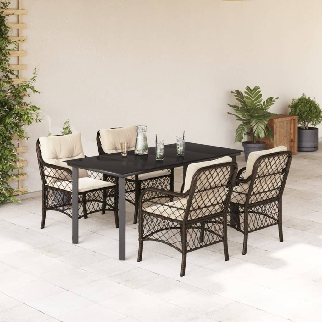 Set da Pranzo da Giardino 5pz con Cuscini in Polyrattan Marrone