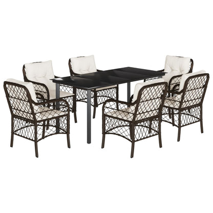 Set da Pranzo da Giardino 7pz con Cuscini in Polyrattan Marrone