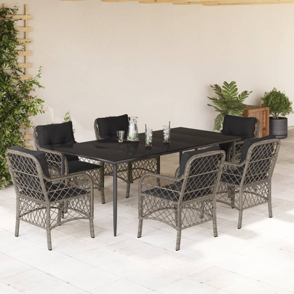 Set da Pranzo da Giardino 7 pz con Cuscini in Polyrattan Grigio