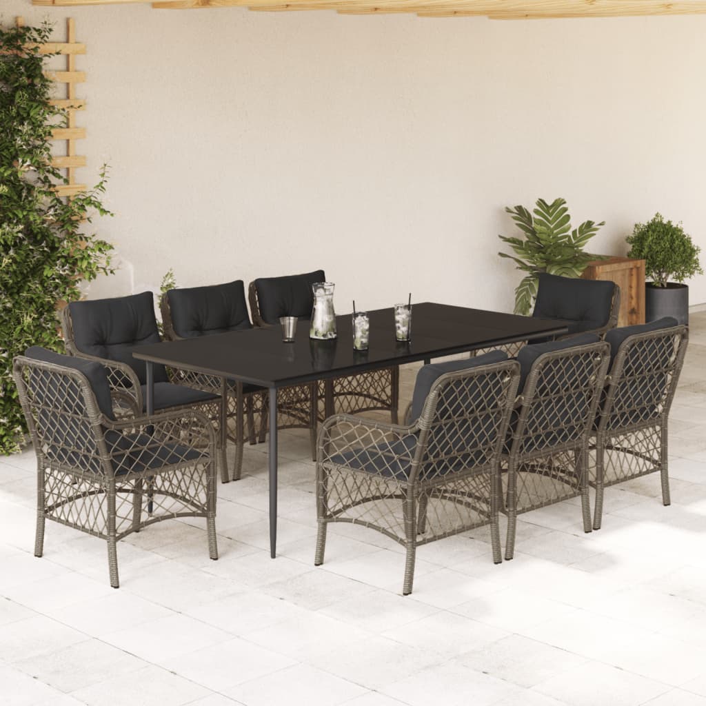 Set da Pranzo da Giardino 9 pz con Cuscini in Polyrattan Grigio