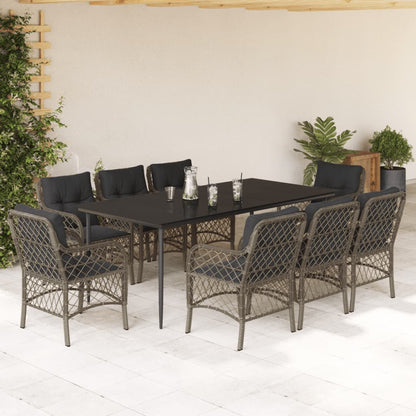 Set da Pranzo da Giardino 9 pz con Cuscini in Polyrattan Grigio