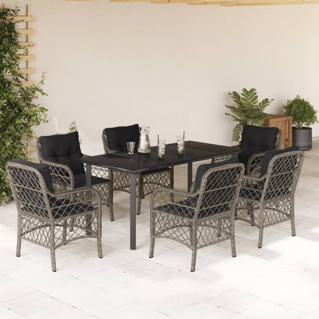 Set da Pranzo da Giardino 7 pz con Cuscini in Polyrattan Grigio