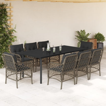 Set da Pranzo da Giardino 9 pz con Cuscini in Polyrattan Grigio