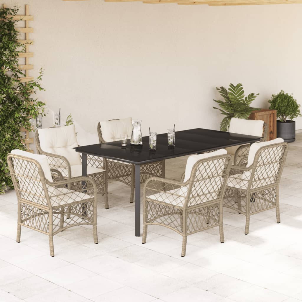 Set da Pranzo da Giardino 7 pz con Cuscini Beige in Polyrattan