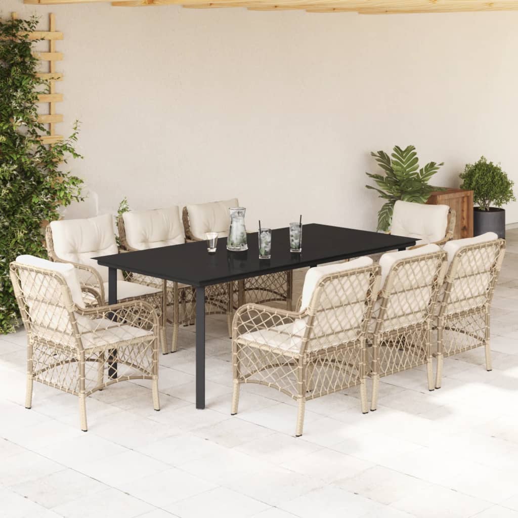 Set da Pranzo da Giardino 9 pz con Cuscini Beige in Polyrattan