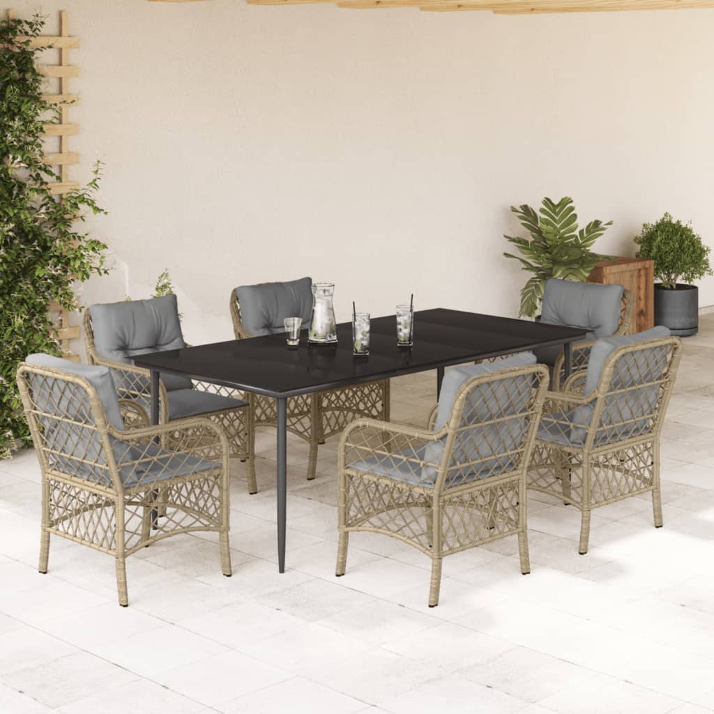 Set Pranzo da Giardino 7 pz con Cuscini Beige Misto Polyrattan