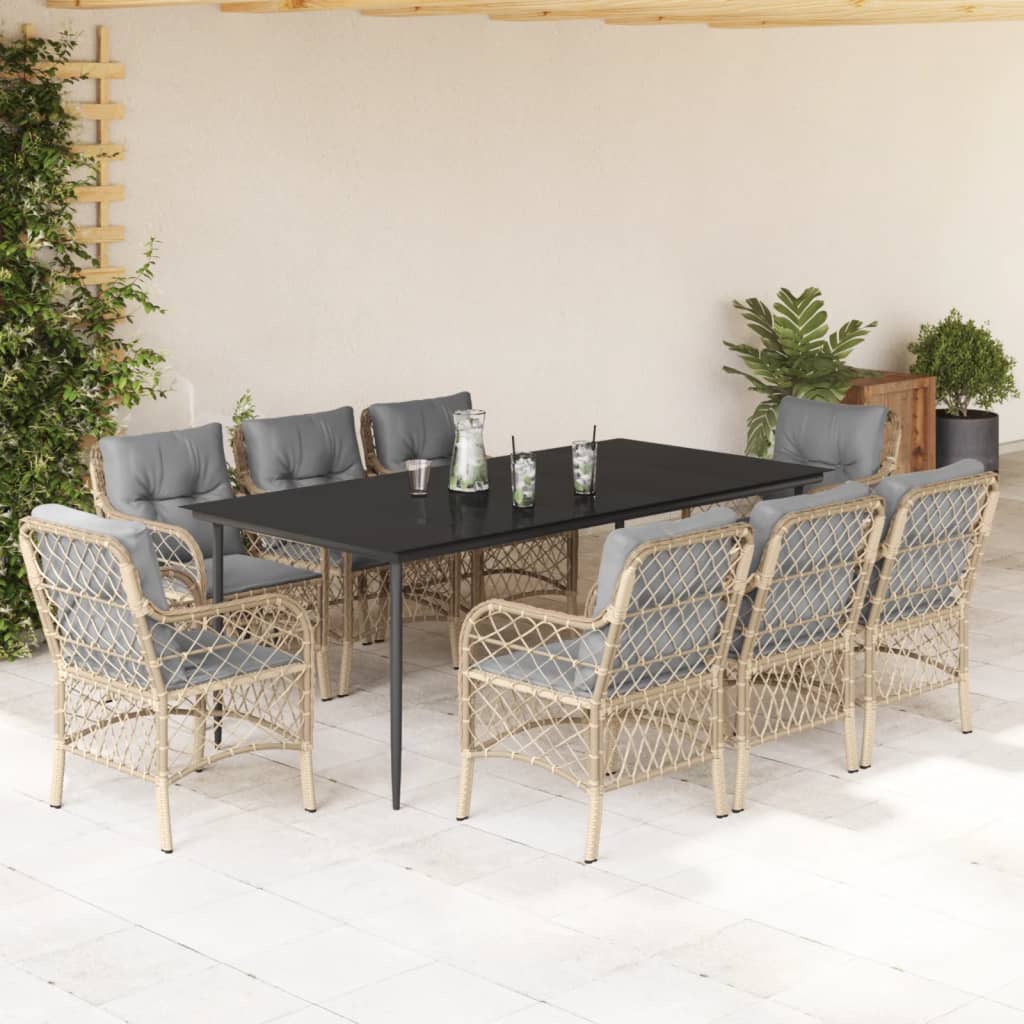 Set Pranzo da Giardino 9 pz con Cuscini Beige Misto Polyrattan