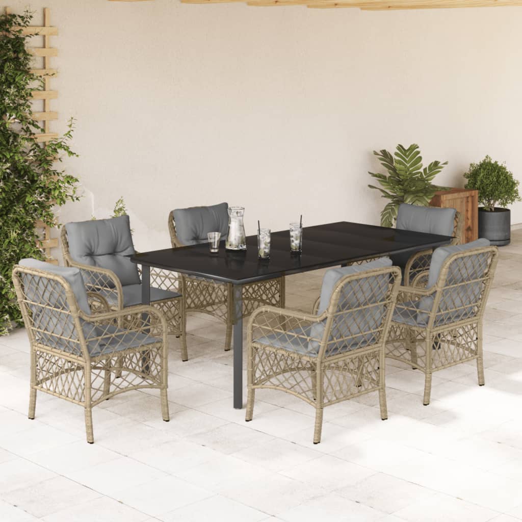 Set Pranzo da Giardino 7 pz con Cuscini Beige Misto Polyrattan