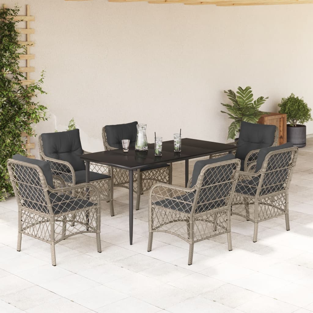 Set da Pranzo da Giardino 7 pz Cuscini Polyrattan Grigio Chiaro