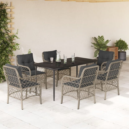 Set da Pranzo da Giardino 7 pz Cuscini Polyrattan Grigio Chiaro