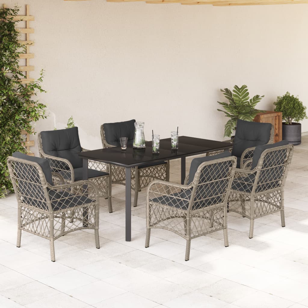 Set da Pranzo da Giardino 7 pz Cuscini Polyrattan Grigio Chiaro