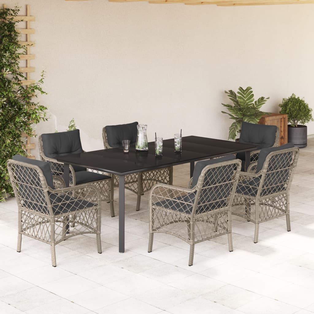 Set da Pranzo da Giardino 7 pz Cuscini Polyrattan Grigio Chiaro