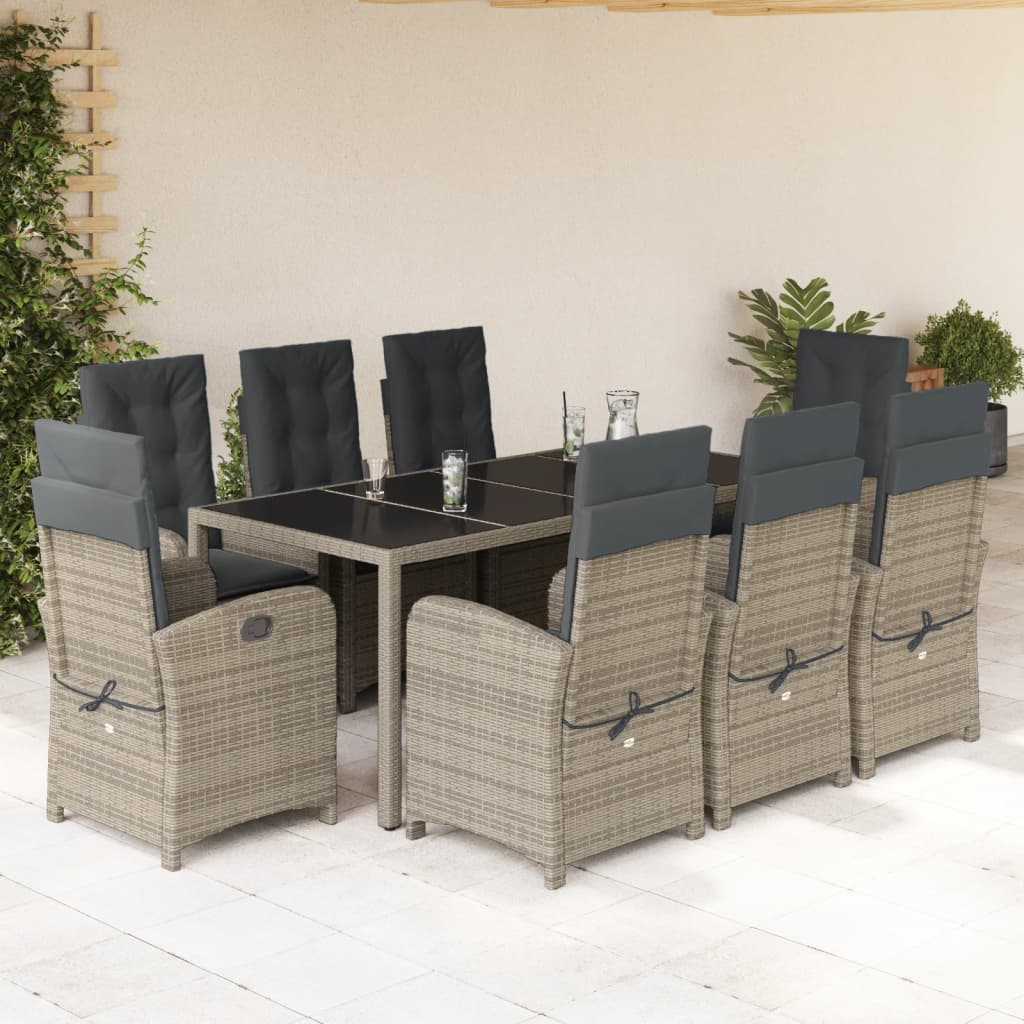 Set da Pranzo da Giardino 9 pz con Cuscini in Polyrattan Grigio