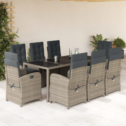 Set da Pranzo da Giardino 9 pz con Cuscini in Polyrattan Grigio