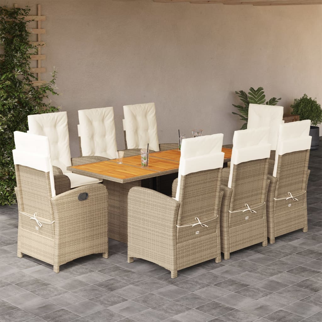 Set da Pranzo da Giardino 9 pz con Cuscini Beige in Polyrattan