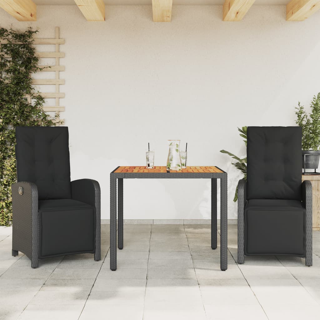 Set da BistrÃ² 3 pz con Cuscini Nero in Polyrattan