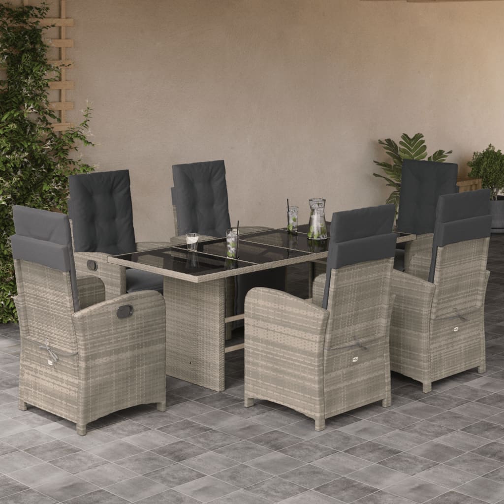 Set da Pranzo da Giardino 7 pz Cuscini Polyrattan Grigio Chiaro