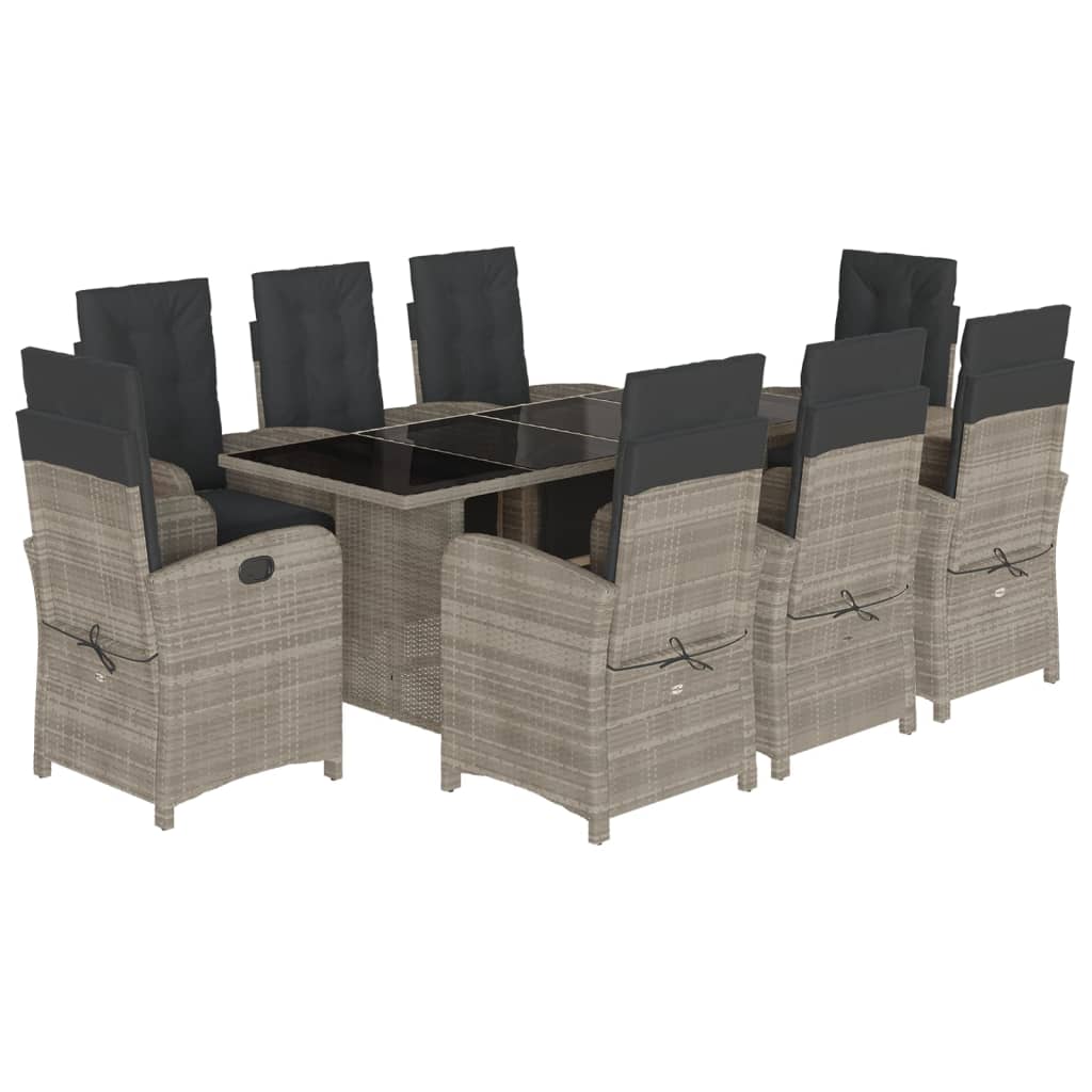 Set Pranzo da Giardino 9pz con Cuscini Grigio Chiaro Polyrattan